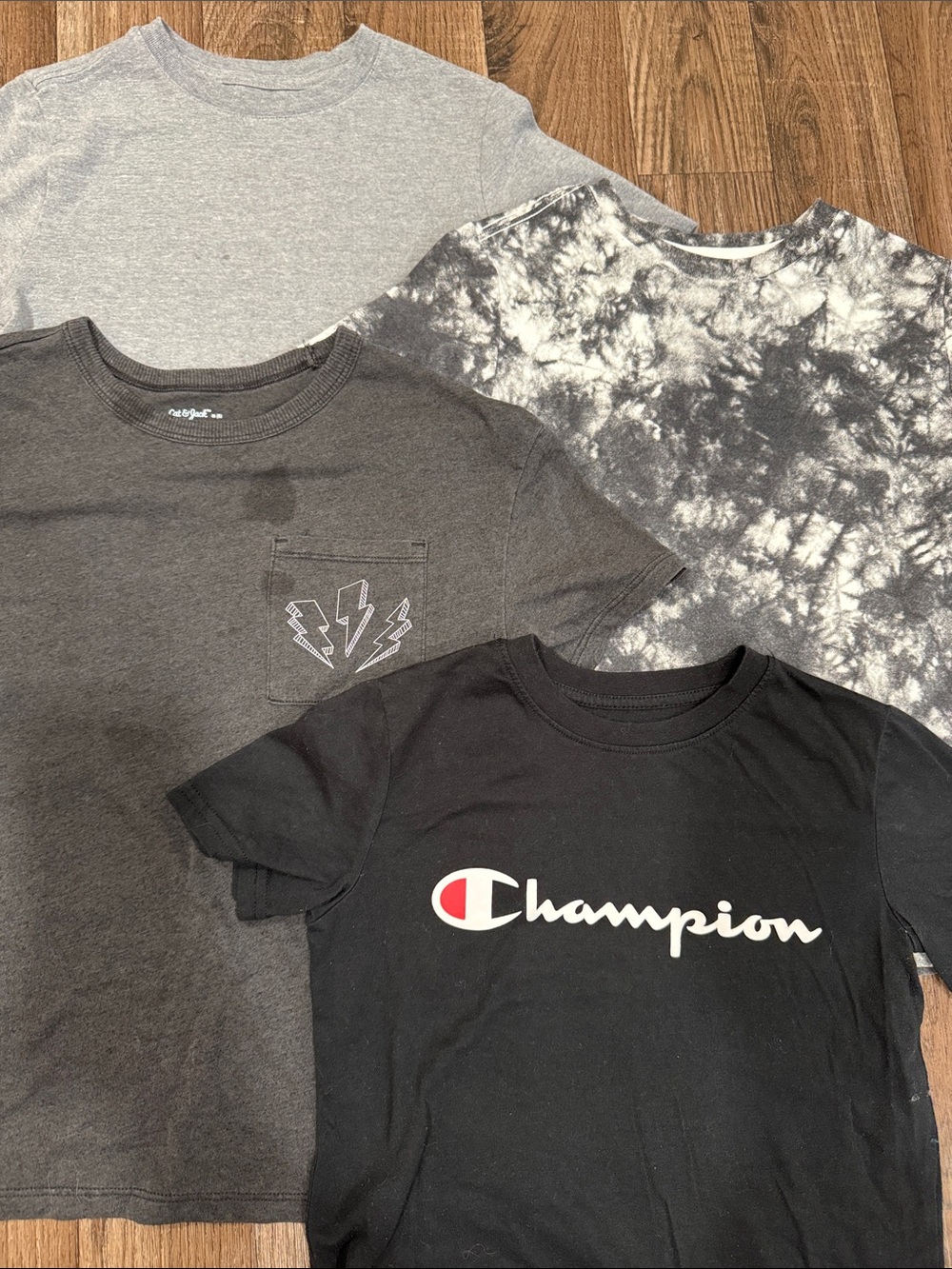 Bundle of Size 8 Short Sleeve Tees - Champion Black Logo, Gray & Tie-Dye Shirts